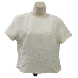 Kazu Blouse Shell Sz 12 100% Silk Cream Embroidered Short Sleeve Covered Buttons